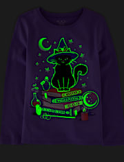 Girls Glow Cat Witch Graphic Tee