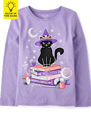 Girls Glow Cat Witch Graphic Tee