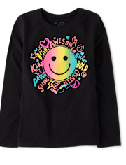 Girls Long Sleeve Rainbow Happy Face Graphic Tee - BLACK