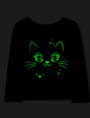 Baby And Toddler Girls Glow Black Cat Graphic Tee