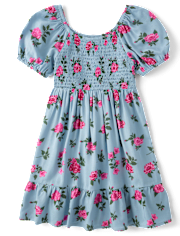 Girls Floral Smocked Ruffle Dress