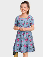 Girls Floral Smocked Ruffle Dress