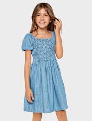 Girls Chambray Smocked Dress