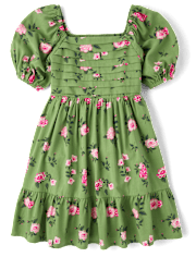 Girls Floral Pleated Ruffle Dress