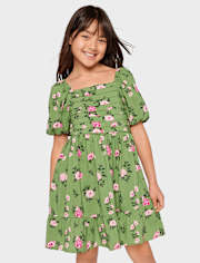 Girls Floral Pleated Ruffle Dress