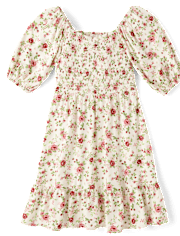 Girls Floral Smocked Ruffle Dress