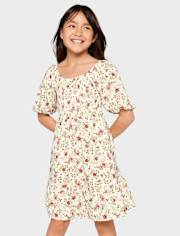 Girls Floral Smocked Ruffle Dress