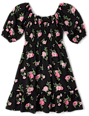 Girls Floral Smocked Ruffle Dress