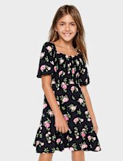 Girls Floral Smocked Ruffle Dress