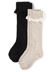 Girls Cable Knit Lace Boot Socks 2-Pack