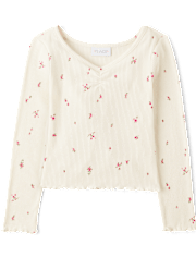 Girls Floral Ribbed Ruched Top