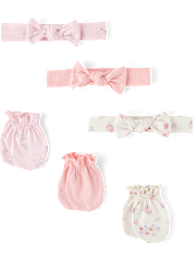 Baby Girls Floral Deer Bow Headwrap And Mittens 6-Piece Set