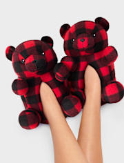 Kids Matching Family Buffalo Plaid Bear Slippers