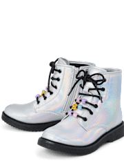 Girls Holographic Beaded Lace Up Booties