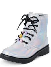 Girls Holographic Beaded Lace Up Booties