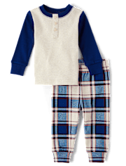 Baby And Toddler Boys Plaid Henley Snug Fit Cotton Pajamas