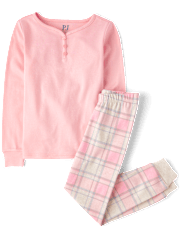 Girls Plaid Henley Snug Fit Cotton Pajamas