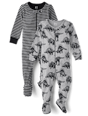 Baby And Toddler Boys Striped Dino Snug Fit Cotton Footed One Piece Pajamas 2-Pack