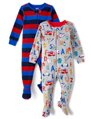 Baby And Toddler Boys Striped Alphabet Snug Fit Cotton Footed One Piece Pajamas 2-Pack