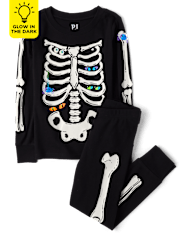 Pyjama en coton ajusté et assorti pour enfants, motif squelette lumineux
