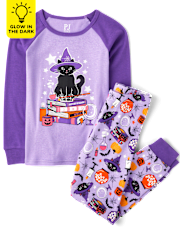 Girls Glow Cat Witch Snug Fit Cotton Pajamas