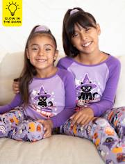 Pijamas de algodón ajustados para bebés y niños pequeños Niña Glow Cat Witch