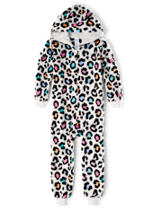 Girls Rainbow Leopard Fleece One Piece Pajamas