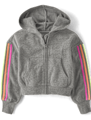 Girls Side Stripe Fleece Cropped Zip Up Hoodie