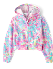 Girls Rainbow Tie Dye Fleece Cropped Zip Up Hoodie