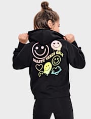 Sweat à capuche court zippé en polaire arc-en-ciel Happy Vibes pour fille