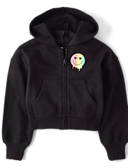 Sweat à capuche court zippé en polaire arc-en-ciel Happy Vibes pour fille
