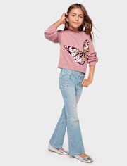 Jeans acampanados con mariposa y diamantes de imitación para niñas
