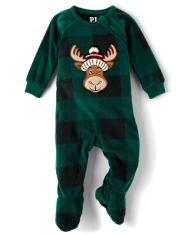 Unisex Baby And Toddler Matching Family Buffalo Plaid Moose Microfleece Footed One Piece Pajamas