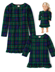 Doll Matching Family Tartan Plaid Microfleece Ruffle Nightgown