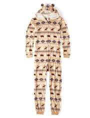 Pijama unisex de una pieza con capucha de micropolar Fairisle de oso familiar a juego para adultos