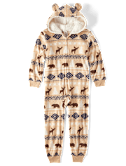 Unisex Kids Matching Family Bear Fairisle Microfleece Hooded One Piece Pajamas