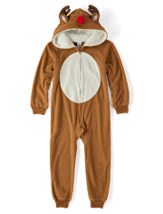 Unisex Kids Matching Family Reindeer Microfleece Hooded One Piece Pajamas