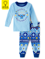 Pijamas de algodón unisex para bebés y niños pequeños a juego Family Glow Hannukah Snug Fit