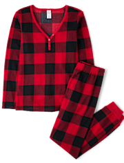 Womens Matching Family Buffalo Plaid Thermal Henley Pajamas