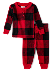 Unisex Baby And Toddler Matching Family Buffalo Plaid Thermal Henley Pajamas