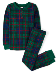 Unisex Kids Matching Family Tartan Plaid Thermal Henley Pajamas