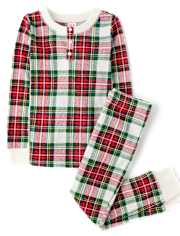 Unisex Kids Matching Family Plaid Thermal Henley Pajamas