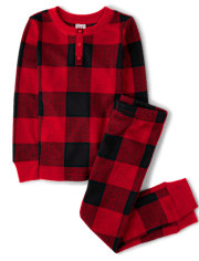 Unisex Kids Matching Family Buffalo Plaid Thermal Henley Pajamas