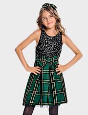 Girls Matching Family Plaid Sequin Fit And Flare Dress