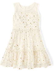 Girls Foil Star Mesh Ruffle Dress