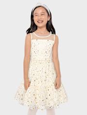 Girls Foil Star Mesh Ruffle Dress