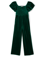 Girls Short Flutter Sleeve Smocked Wide Leg Velour Jumpsuit GREEN The Children s Place