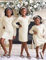 Girls Beaded Cable Knit Sweater Dress