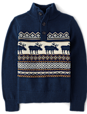 Boys Moose Fairisle Mock Neck Sweater