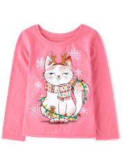 Baby And Niños pequeños Niña Cat Christmas Lights Camisetas estampadas